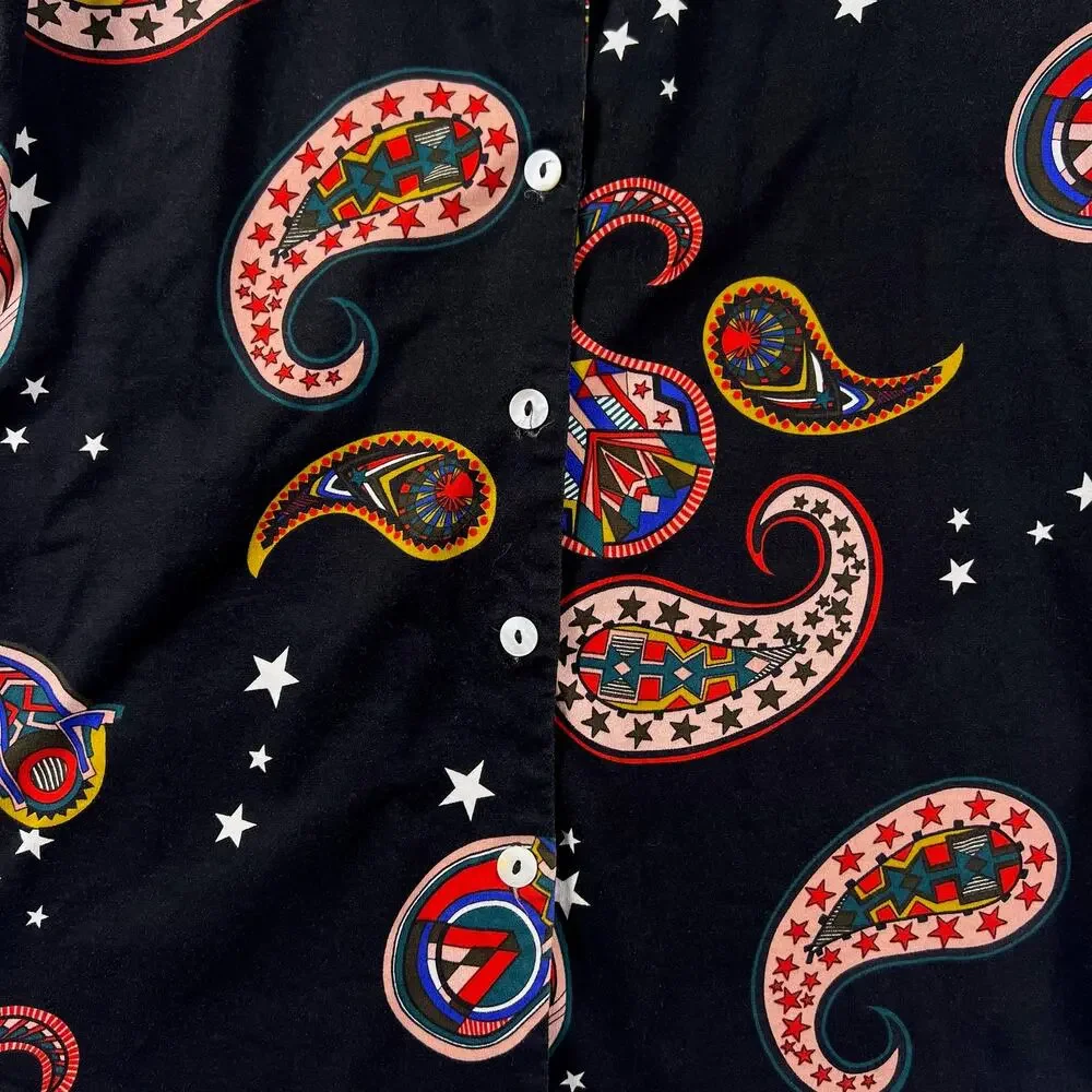 Paisley Star Print Matching Set Womens M Black Pajama Style Indie Cropped Pants